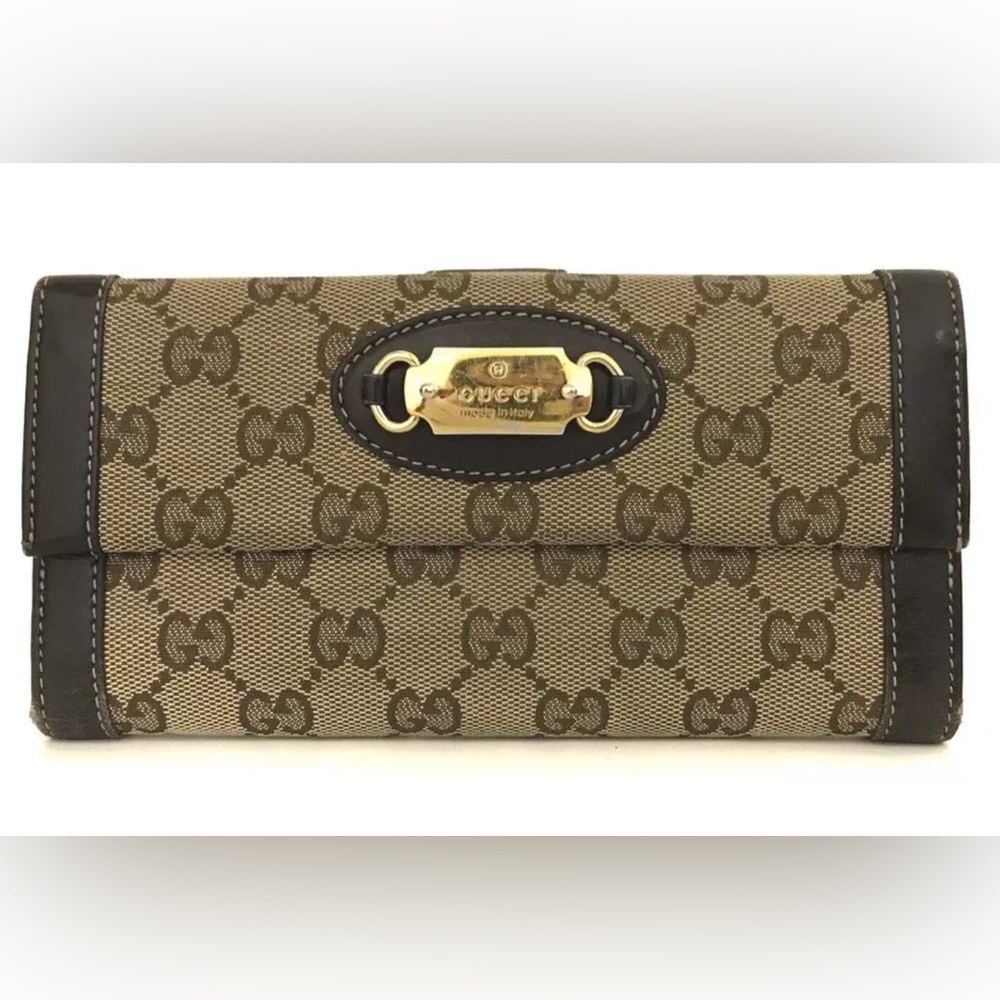 Authentic GUCCI GG Logo Canvas Leather Long Bifold Wallet